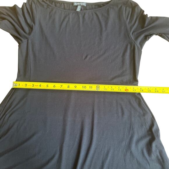 Eileen Fisher Short Sleeve Dress SZ M Shark Bite Hem Lagenlook Minimalist Black - Picture 6 of 7